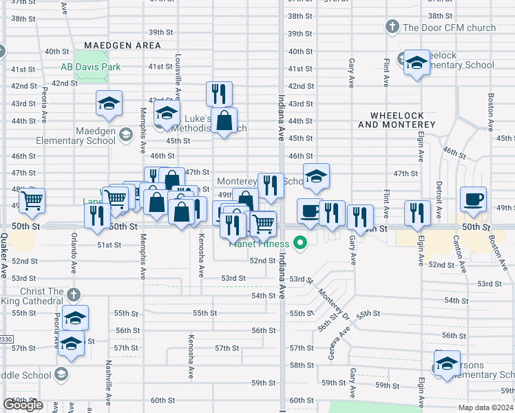 map of restaurants, bars, coffee shops, grocery stores, and more near 3411 48th Street in Lubbock
