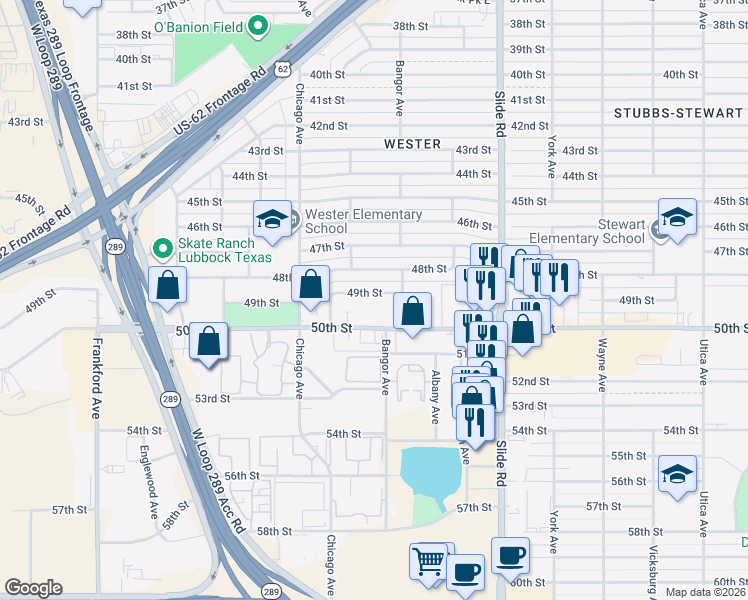 map of restaurants, bars, coffee shops, grocery stores, and more near 5413 48th Street in Lubbock