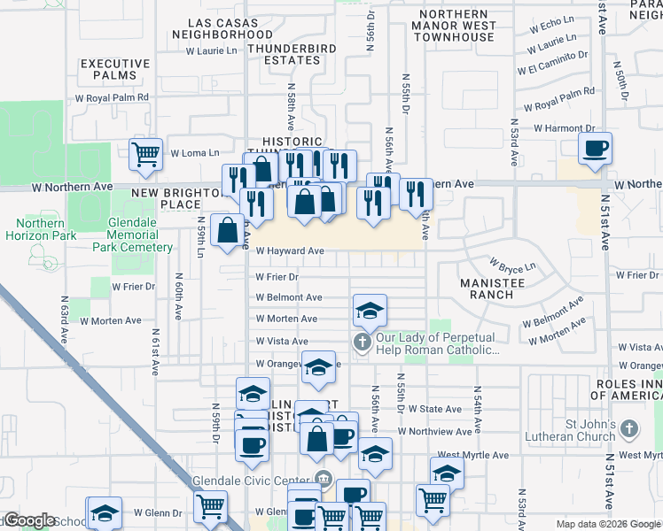 map of restaurants, bars, coffee shops, grocery stores, and more near 7784 North 57th Drive in Glendale