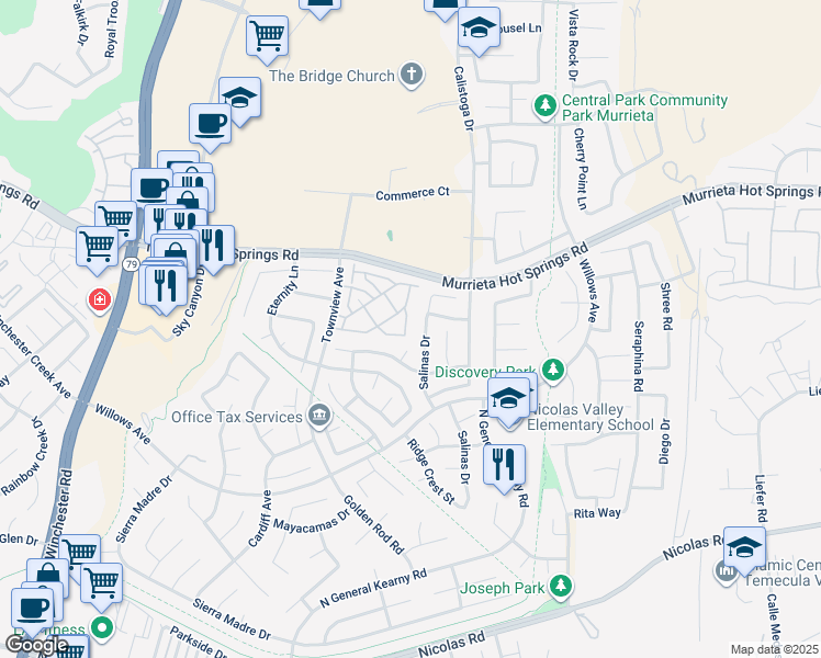 map of restaurants, bars, coffee shops, grocery stores, and more near 39257 Corte Santalina in Murrieta