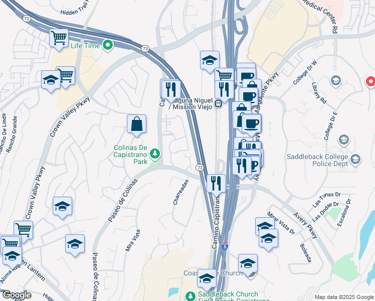 map of restaurants, bars, coffee shops, grocery stores, and more near 28201 Montecito in Laguna Niguel