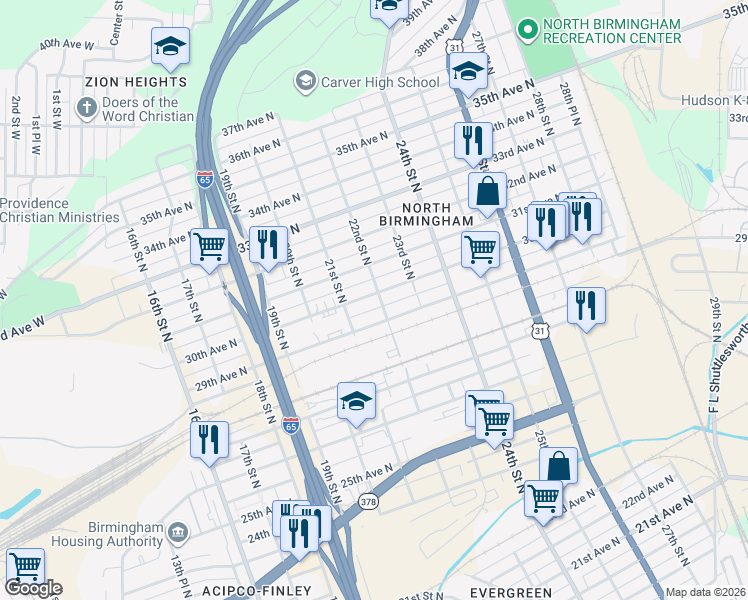 map of restaurants, bars, coffee shops, grocery stores, and more near 2125 31st Avenue North in Birmingham