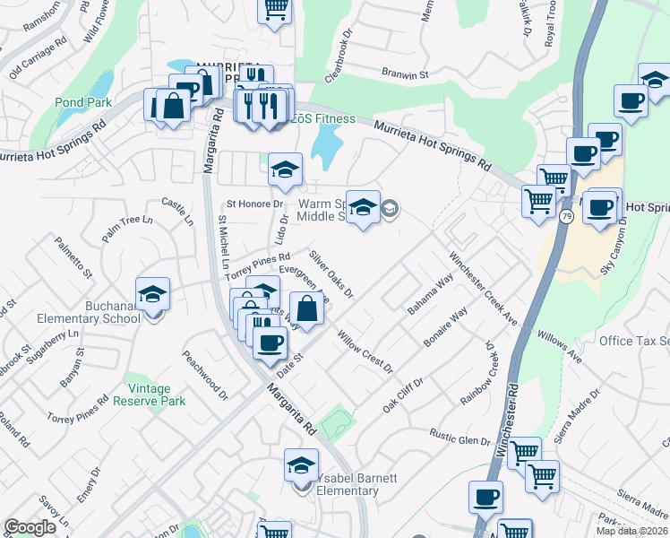 map of restaurants, bars, coffee shops, grocery stores, and more near 26688 Silver Oaks Drive in Murrieta