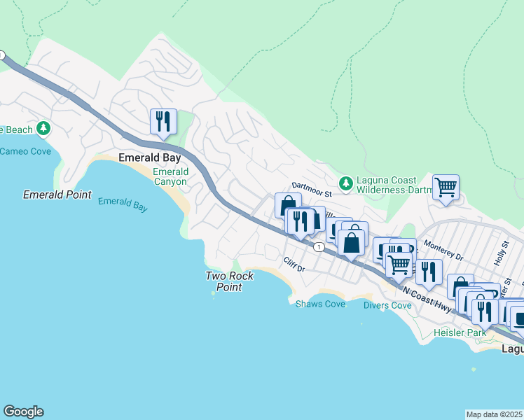 map of restaurants, bars, coffee shops, grocery stores, and more near 227 Ledroit Street in Laguna Beach