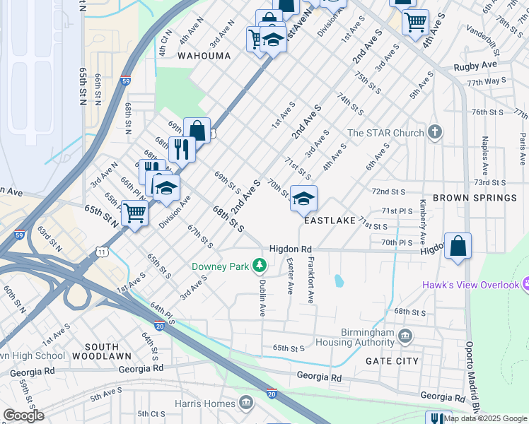 map of restaurants, bars, coffee shops, grocery stores, and more near 6815 2nd Avenue South in Birmingham