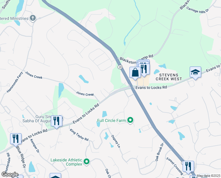 map of restaurants, bars, coffee shops, grocery stores, and more near 3949 Evans to Locks Road in Evans
