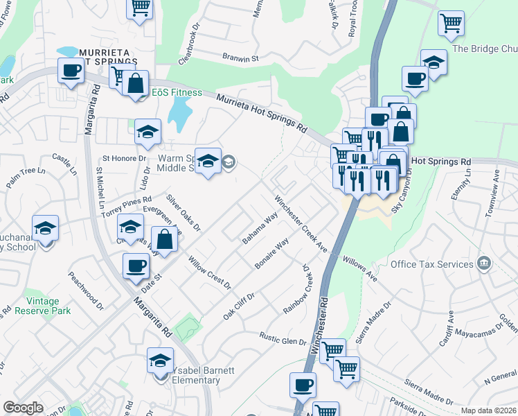 map of restaurants, bars, coffee shops, grocery stores, and more near 26837 Redwood Circle in Murrieta
