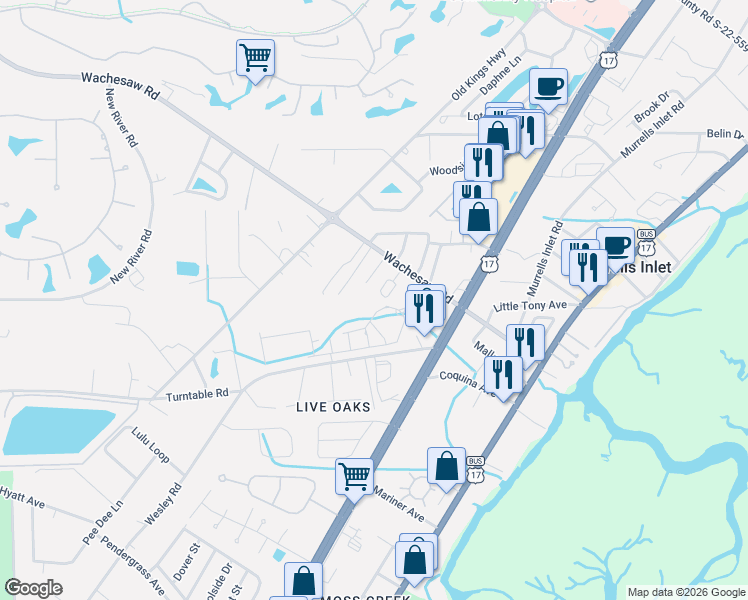 map of restaurants, bars, coffee shops, grocery stores, and more near 4626 Lomax Court in Murrells Inlet