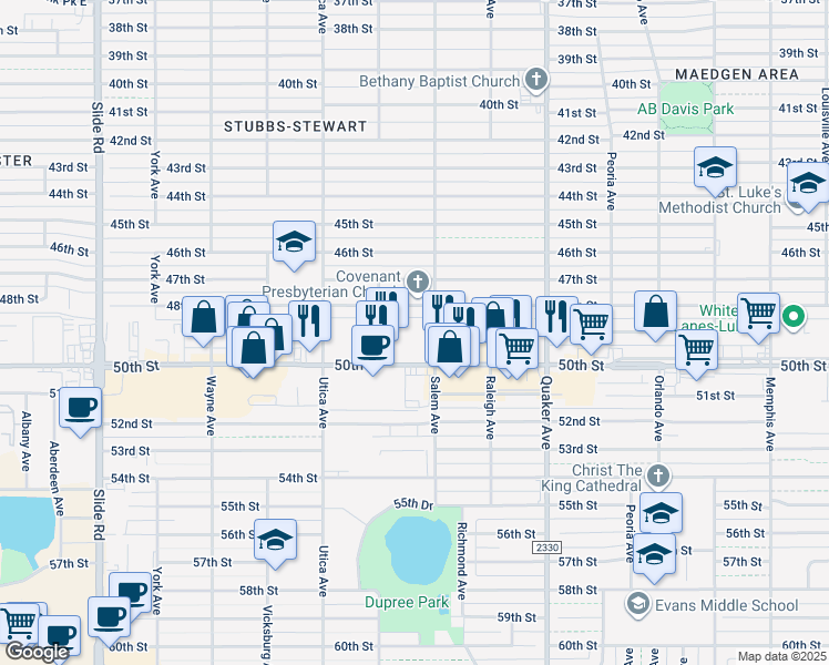 map of restaurants, bars, coffee shops, grocery stores, and more near 4600 48th Street in Lubbock