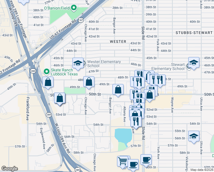 map of restaurants, bars, coffee shops, grocery stores, and more near 5413 48th Street in Lubbock