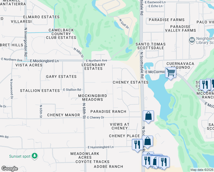 map of restaurants, bars, coffee shops, grocery stores, and more near 6932 East Bronco Drive in Paradise Valley