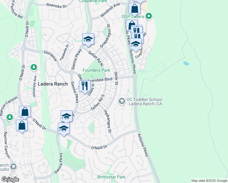 map of restaurants, bars, coffee shops, grocery stores, and more near 183 Sklar Street in Ladera Ranch