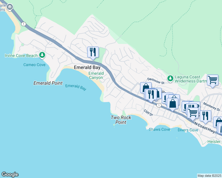 map of restaurants, bars, coffee shops, grocery stores, and more near 15 Smithcliffs Road in Laguna Beach