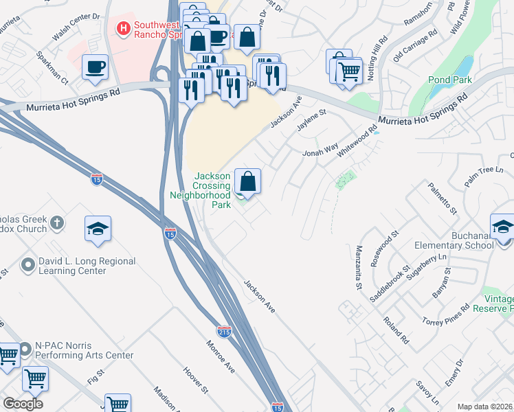 map of restaurants, bars, coffee shops, grocery stores, and more near 40578 Heyerdahl Avenue in Murrieta