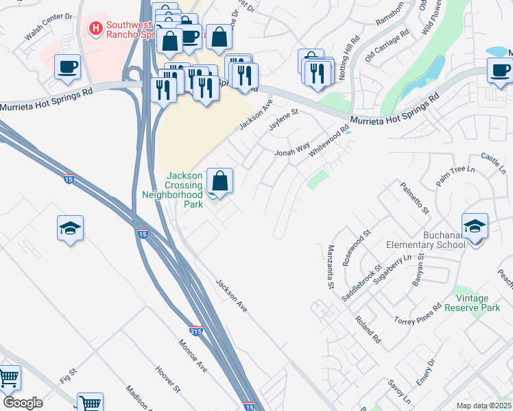 map of restaurants, bars, coffee shops, grocery stores, and more near 40412 Jacob Way in Murrieta