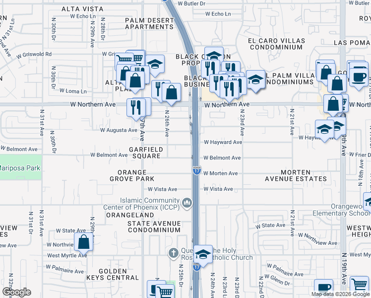map of restaurants, bars, coffee shops, grocery stores, and more near 2511 West Hayward Avenue in Phoenix