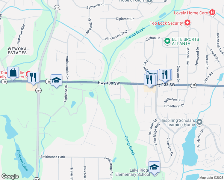 map of restaurants, bars, coffee shops, grocery stores, and more near 1471 Riverrock Trail Southwest in Riverdale