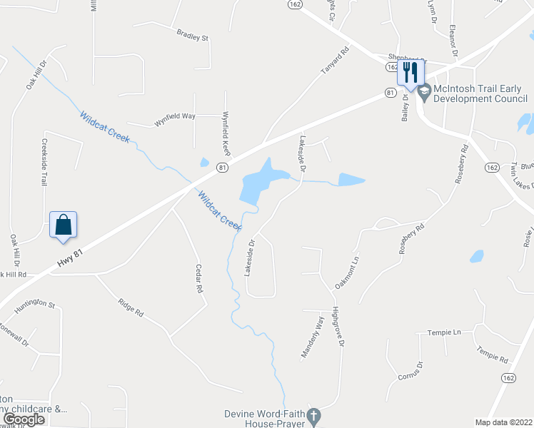 map of restaurants, bars, coffee shops, grocery stores, and more near 130 Lakeside Drive in Covington
