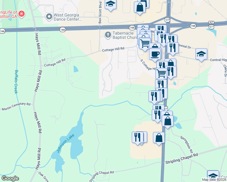 map of restaurants, bars, coffee shops, grocery stores, and more near 127 Manor Way in Carrollton