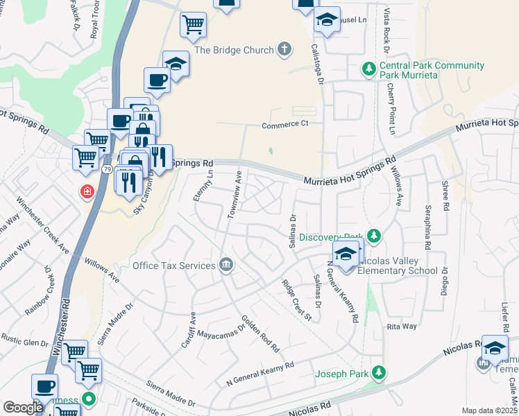map of restaurants, bars, coffee shops, grocery stores, and more near 30345 Buccaneer Bay in Murrieta