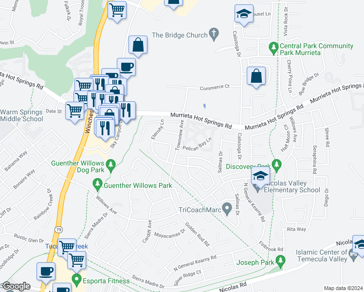 map of restaurants, bars, coffee shops, grocery stores, and more near 39315 Flamingo Bay in Murrieta