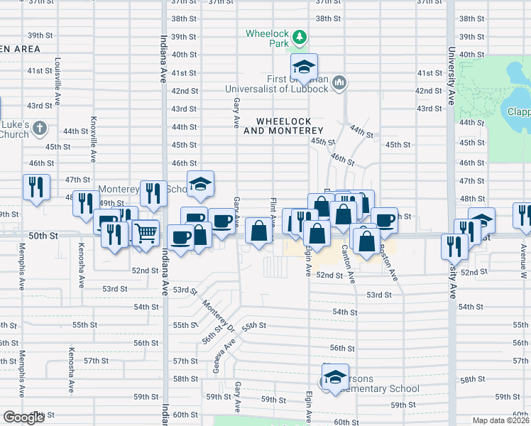 map of restaurants, bars, coffee shops, grocery stores, and more near 3101 48th Street in Lubbock