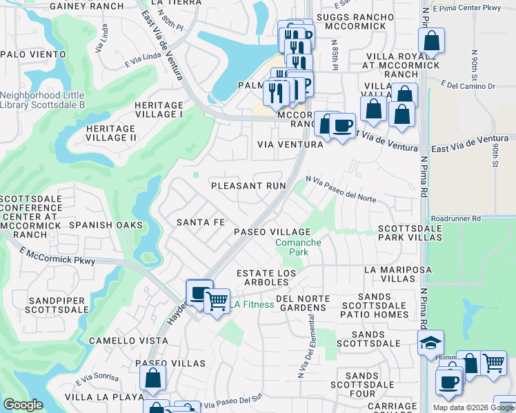 map of restaurants, bars, coffee shops, grocery stores, and more near 7749 East Pleasant Run in Scottsdale