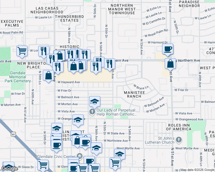 map of restaurants, bars, coffee shops, grocery stores, and more near 7784 North 56th Avenue in Glendale