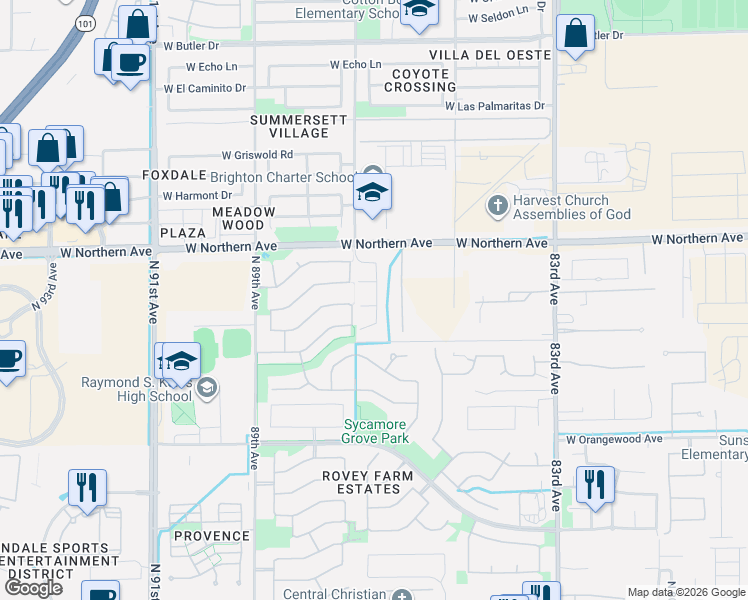 map of restaurants, bars, coffee shops, grocery stores, and more near 8655 West Augusta Avenue in Glendale