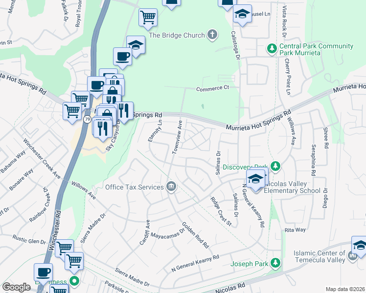 map of restaurants, bars, coffee shops, grocery stores, and more near 39235 Anchor Bay in Murrieta