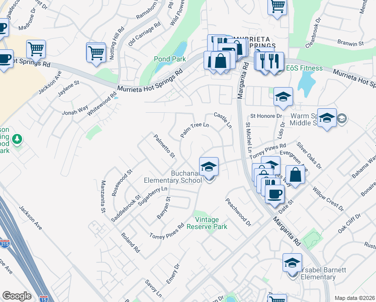 map of restaurants, bars, coffee shops, grocery stores, and more near 39912 Banyan Street in Murrieta