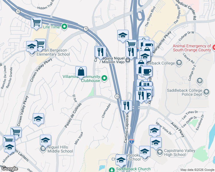 map of restaurants, bars, coffee shops, grocery stores, and more near 28201 Montecito in Laguna Niguel
