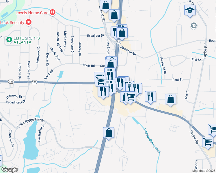 map of restaurants, bars, coffee shops, grocery stores, and more near Highway 138 Southwest in Riverdale