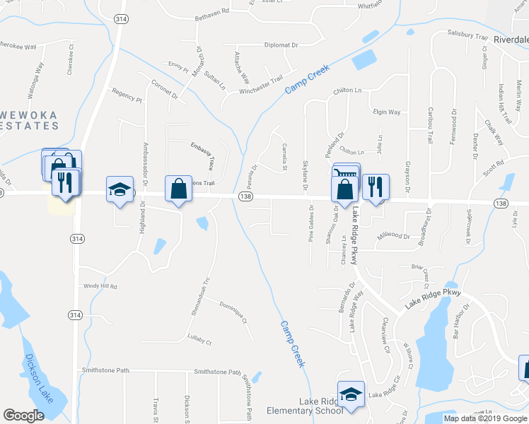 map of restaurants, bars, coffee shops, grocery stores, and more near 1458 Riverrock Trail Southwest in Riverdale