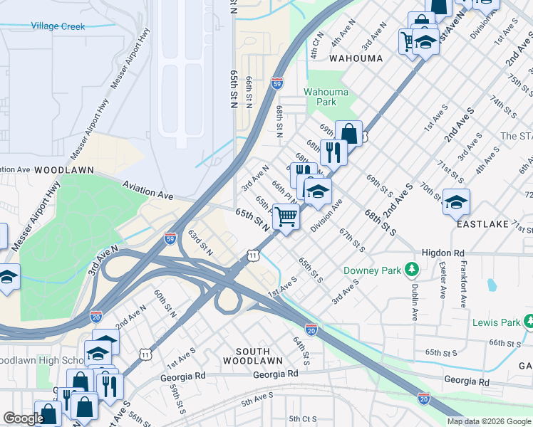 map of restaurants, bars, coffee shops, grocery stores, and more near 201 65th Place North in Birmingham
