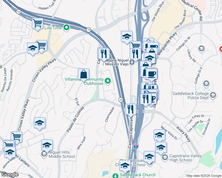 map of restaurants, bars, coffee shops, grocery stores, and more near 28201 Montecito in Laguna Niguel