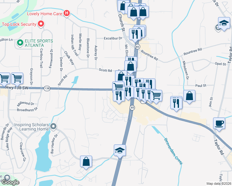 map of restaurants, bars, coffee shops, grocery stores, and more near 813 Georgia 138 in Riverdale