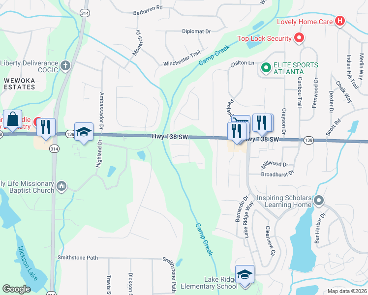 map of restaurants, bars, coffee shops, grocery stores, and more near 1458 Riverrock Trail Southwest in Riverdale