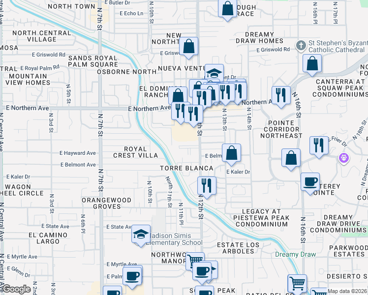 map of restaurants, bars, coffee shops, grocery stores, and more near 7734 North 12th Street in Phoenix