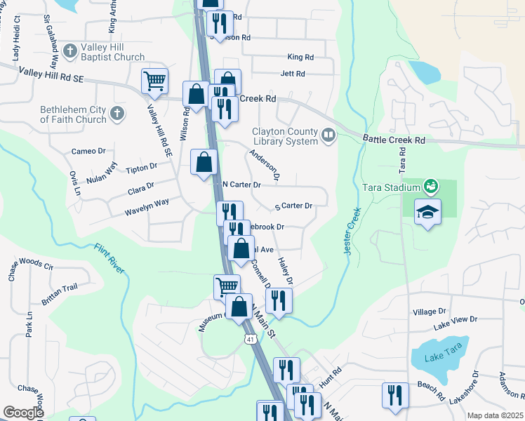 map of restaurants, bars, coffee shops, grocery stores, and more near 735 South Carter Drive in Jonesboro