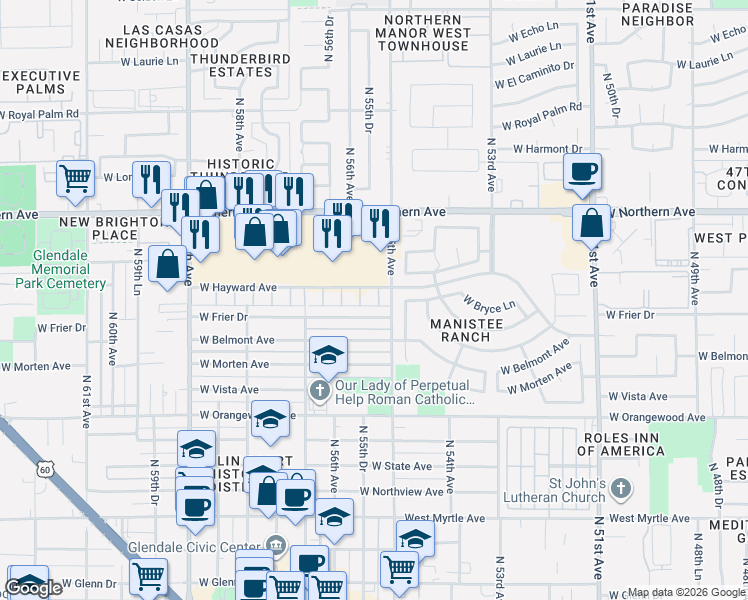 map of restaurants, bars, coffee shops, grocery stores, and more near 7784 North 56th Avenue in Glendale