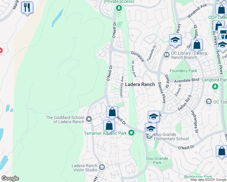 map of restaurants, bars, coffee shops, grocery stores, and more near 17 Oatfield Farm in Mission Viejo