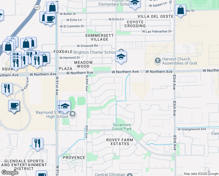 map of restaurants, bars, coffee shops, grocery stores, and more near 8766 West Hayward Avenue in Glendale