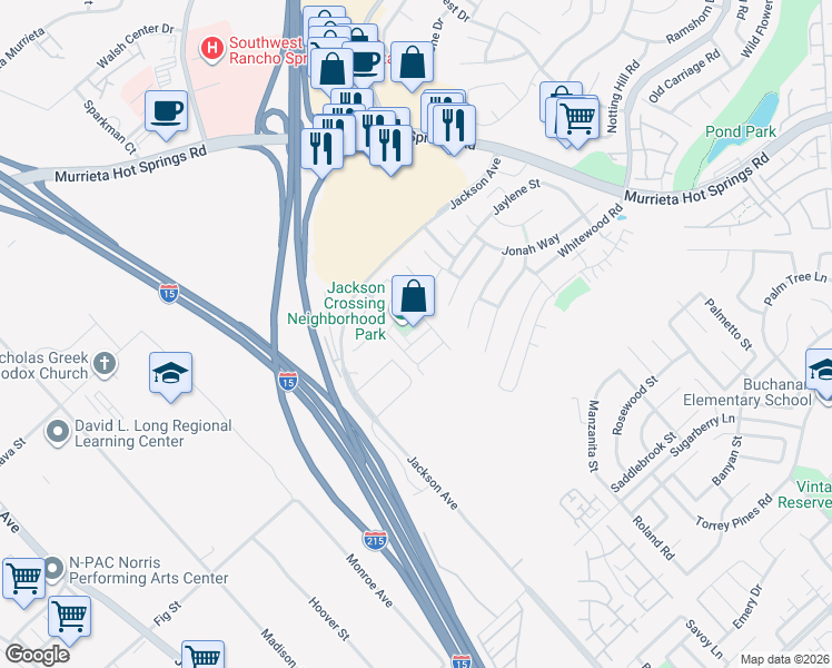 map of restaurants, bars, coffee shops, grocery stores, and more near 40595 Heyerdahl Avenue in Murrieta