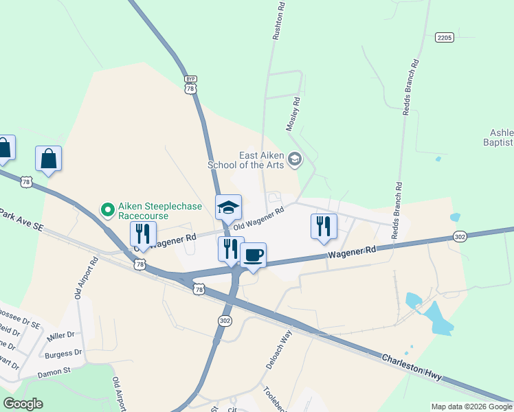 map of restaurants, bars, coffee shops, grocery stores, and more near 113 Rushton Road in Aiken