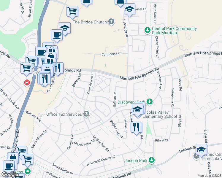map of restaurants, bars, coffee shops, grocery stores, and more near 39246 Mango Bay in Murrieta