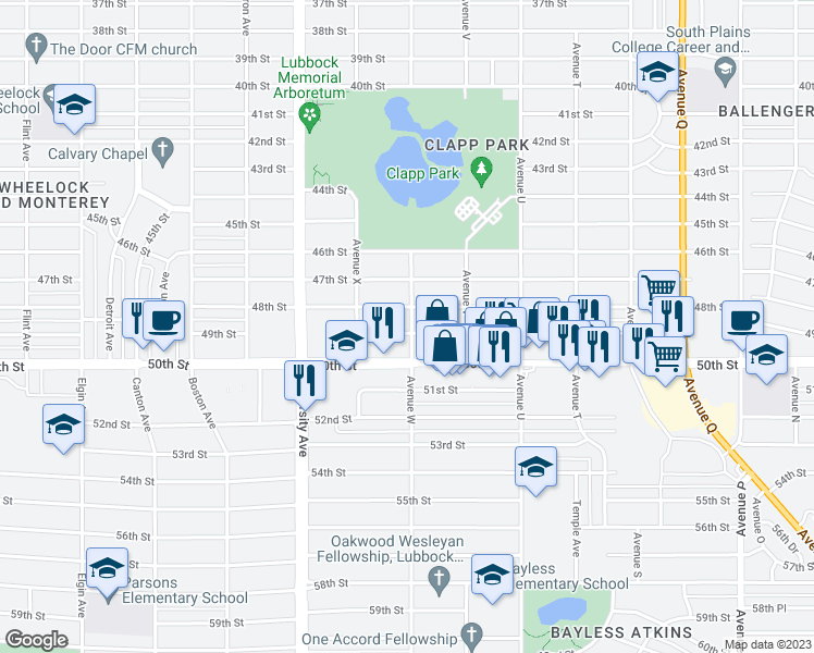 map of restaurants, bars, coffee shops, grocery stores, and more near 2302 49th Street in Lubbock