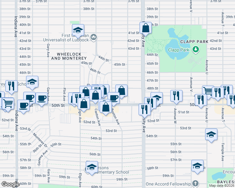 map of restaurants, bars, coffee shops, grocery stores, and more near 2614 49th Street in Lubbock