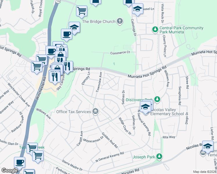map of restaurants, bars, coffee shops, grocery stores, and more near 39255 Turtle Bay Lane in Murrieta
