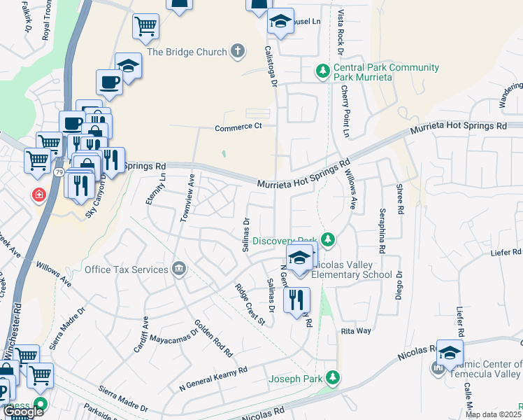 map of restaurants, bars, coffee shops, grocery stores, and more near 30435 Novato Way in Murrieta